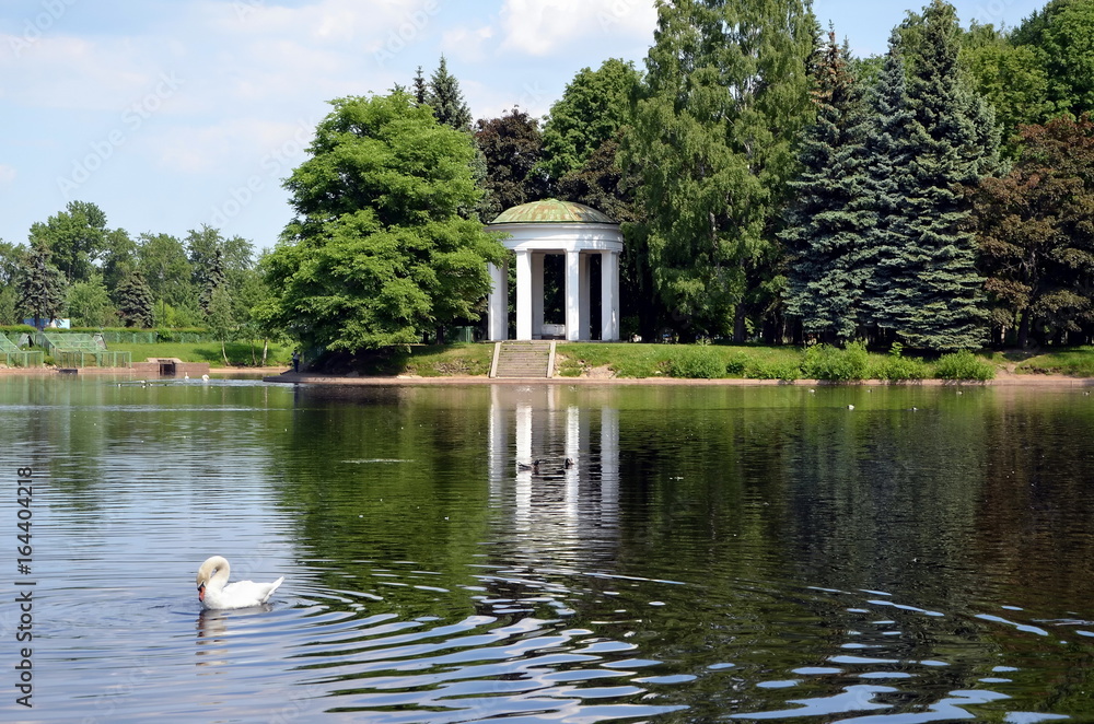 Gazebo Rotunda on the shore of Swan Pond. Krestovsky Island, St. Petersburg, Russia
