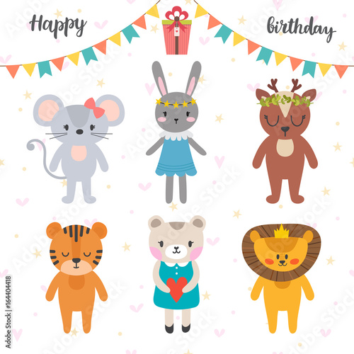 Happy birthday design with cute cartoon animals. Funny greeting card