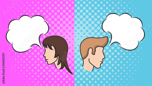 Silhouette of a girl and a guy in profile, thoughts and desires of young people, the emergence of a new idea. Relation between the sexes