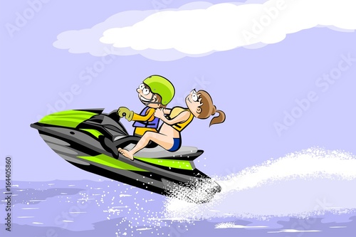 A man and a girl riding a water scooter