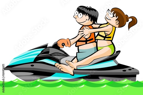 A man and a girl riding a water scooter - isolated on white