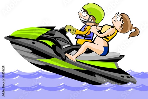 A man and a girl riding a water scooter - isolated on white