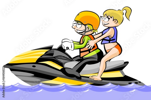 A man and a girl riding a water scooter - isolated on white