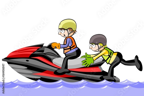 Two Man driving a water scooter - isolated on white