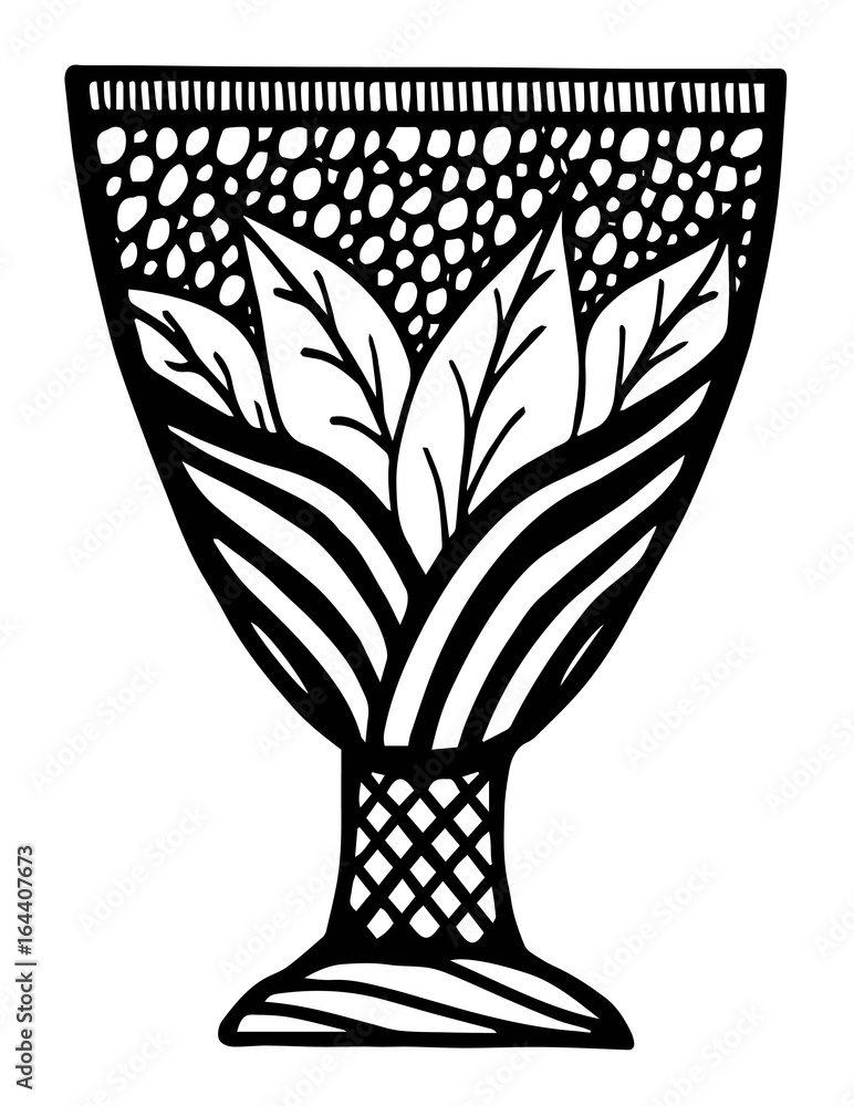 Vector Monochrome Contour Glass with Decorative Doodle Pattern