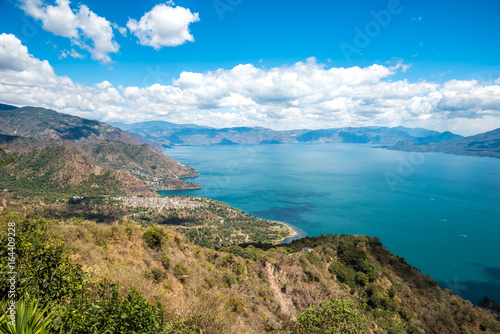 Viewpoint at lake Atitlan - view to the small villages San Marcos, Panajachel and San Marcos at the lake in the highlands of Guatemala
