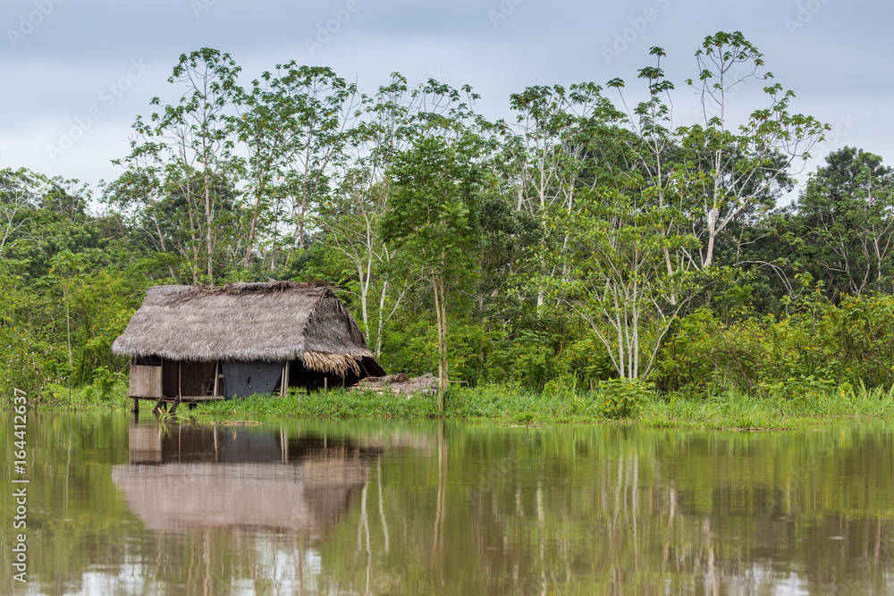 A Thatched Hut Reflected in the Amazon River, Peru