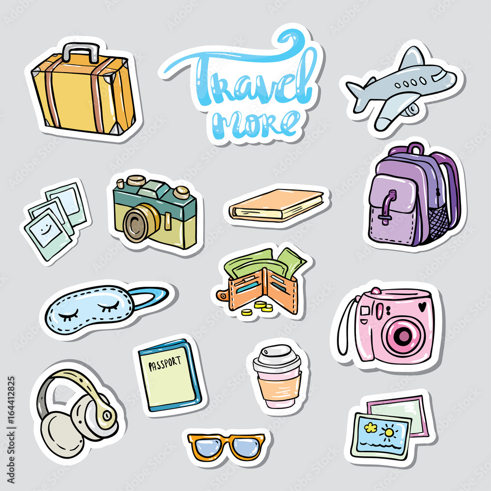 Set travel sticker. Traveling icons with suitcase bag briefcase and  backpack detailed items Stock-Vektorgrafik