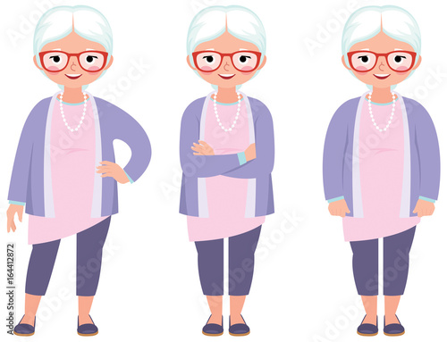 Fashionable gray haired mature woman with glasses in full length in different poses