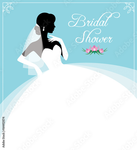 Flyer or invitation for a bridal shower. Silhouette portrait of a bride in profile in a wedding dress and veil.