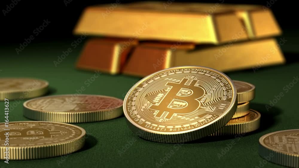 Bitcoins and Gold Ingots on a green table, beautiful 3d animation with a depth of field, 4K. see more Bitcoin concepts in my portfolio Bitcoins and Gold Ingots on a green table, beautiful 3d animation with a depth of field, 4K. see more Bitcoin concepts in my portfolio