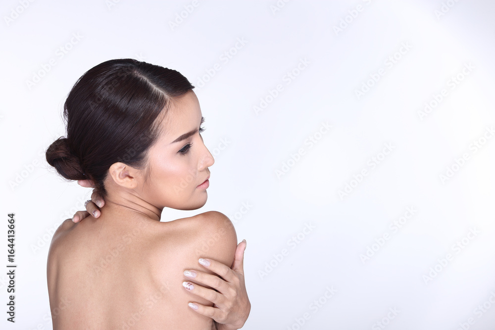 Beautiful Clean Skin Woman straight black hair with Smooth pose open shoulder smile Beautiful Clean Skin Woman straight black hair with Smooth pose open shoulder smile