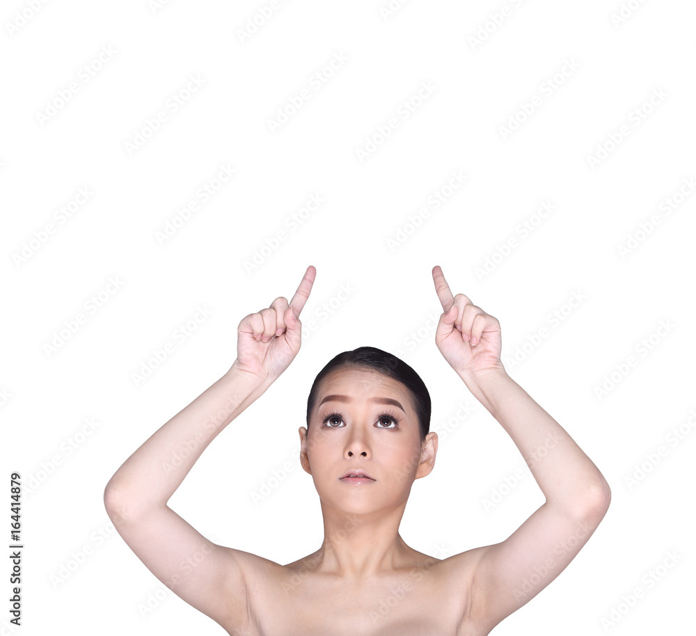Young White Asian woman fahion make up showing empty copy space on the hand palm Young White Asian woman fahion make up showing empty copy space on the hand palm