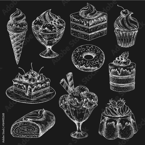 Cake and ice cream chalk sketch on blackboard