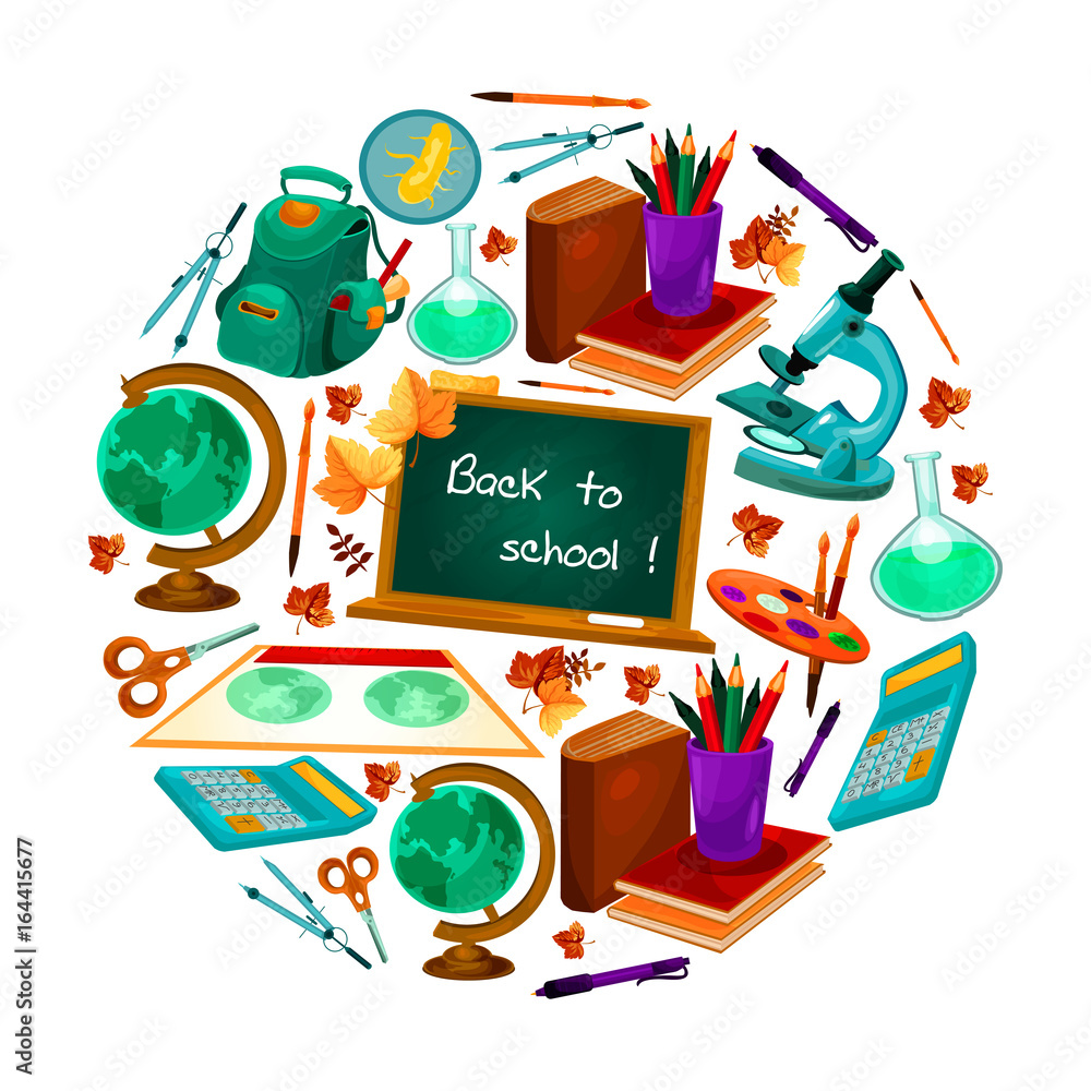 Back to School vector poster of study supplies Back to School vector poster of study supplies