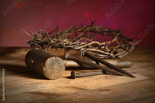 Canvas Print Crown of Thorns, Mallet and Nails