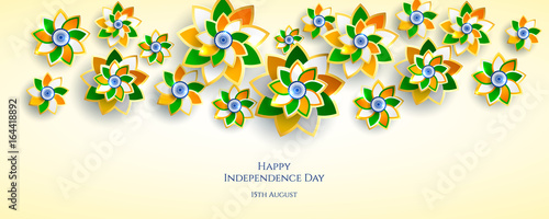 India, Happy independence day 15th august background design with flowers, symbol, flag. Template for poster, banner, flyer, invitation, brochure, card, cover. 3d design. Sale offer design.