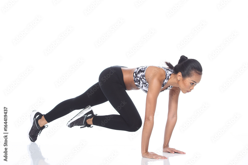 Tan Skin Asian Fitness Girl in Sport Bra black spandex pants Exercise warm up