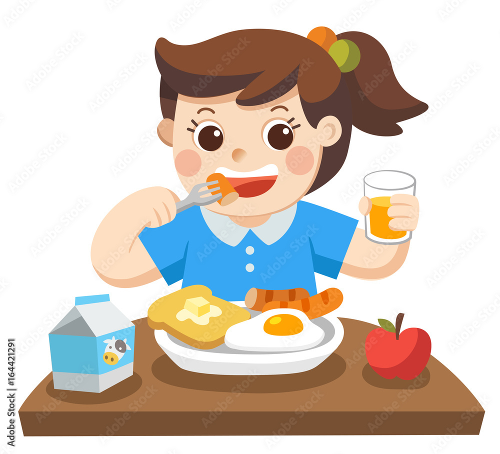 A Little girl happy to eat breakfast in the morning. Isolated vector A Little girl happy to eat breakfast in the morning. Isolated vector