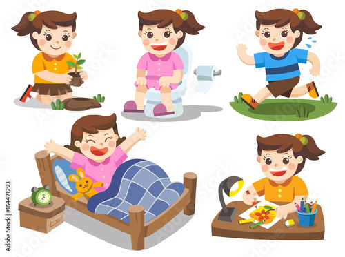 The daily routine of a cute girl on a white background. [wake up, do homework / draw a picture, sitting on the toilet, running, plant a tree]. Isolated vector