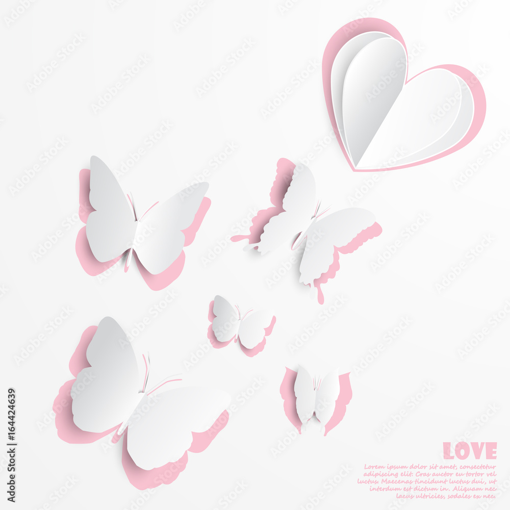 vector illustration of butterfly and heart paper cut out greeting card designs Stock Vector