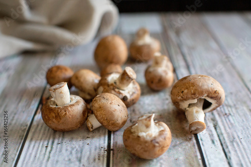 Mushrooms on wooden vintage surface