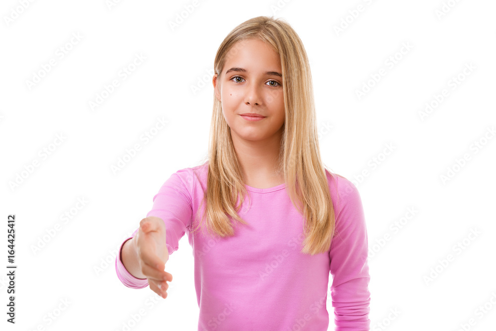 Lovely young girl with an open hand ready for handshake.Isolated Lovely young girl with an open hand ready for handshake.Isolated