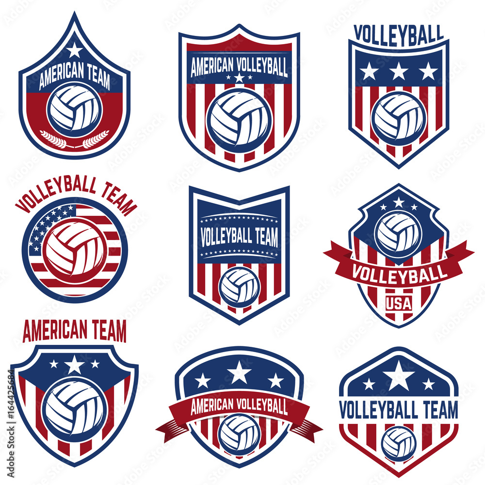 American volleyball team labels. Design elements for logo, emblem, sign, badge. Vector illustration