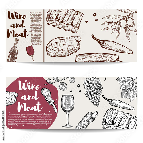 Wine and Meat banner template. Grilled steak, ribs, olives, wine, grape. Design elements for menu, flyer, poster. Vector illustration