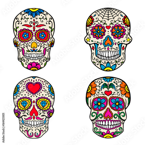 Set of sugar skulls isolated on white  background. Day of the dead. Dia de los muertos. Vector illustration