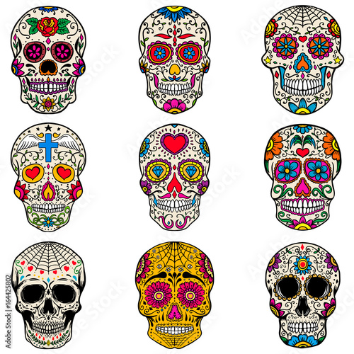 Set of sugar skulls isolated on white  background. Day of the dead. Dia de los muertos. Vector illustration