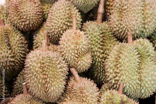 Durian fruits on shelf in the supermarket  king of Thailand fruits.