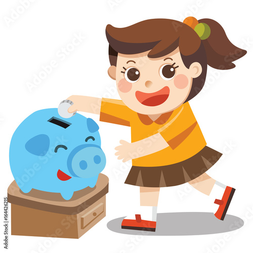 A Little girl happy to saving money in blue piggy bank. Isolated vector