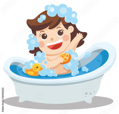 A baby girl taking a bath in bathtub with lot of soap lather and rubber duck. Isolated vector