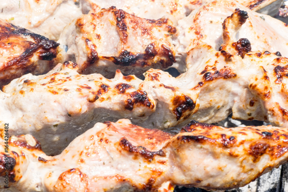 Cooking juicy and delicious pork, beef and chicken in the grill during summer vacation Cooking juicy and delicious pork, beef and chicken in the grill during summer vacation