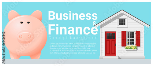 Business and Finance concept background with small house and piggy bank , vector , illustration