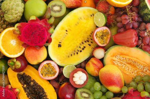 Fototapeta Naklejka Na Ścianę i Meble -  Fresh colorful tropical fruits background