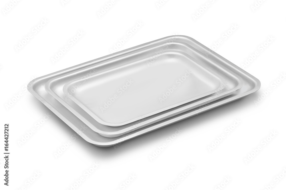 three aluminum trays on a white background three aluminum trays on a white background