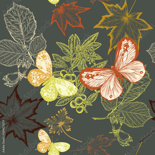 Floral vector pattern with foliage. Autumn design