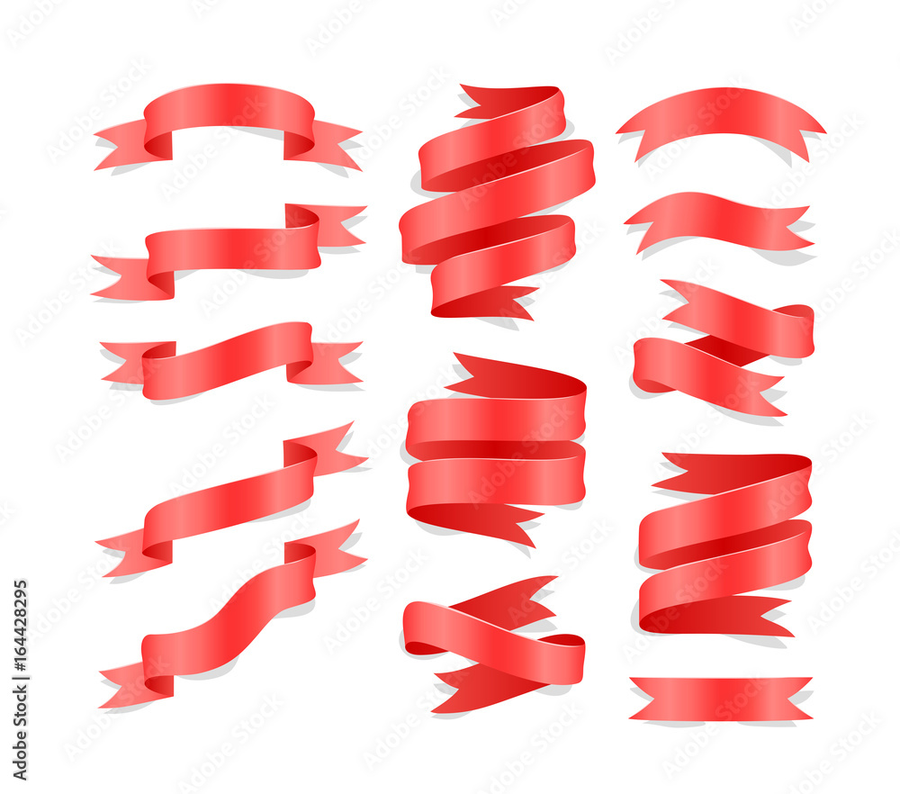 Set of hand drawn red satin ribbons on white background isolated. Flat objects for your design. Vector art illustration