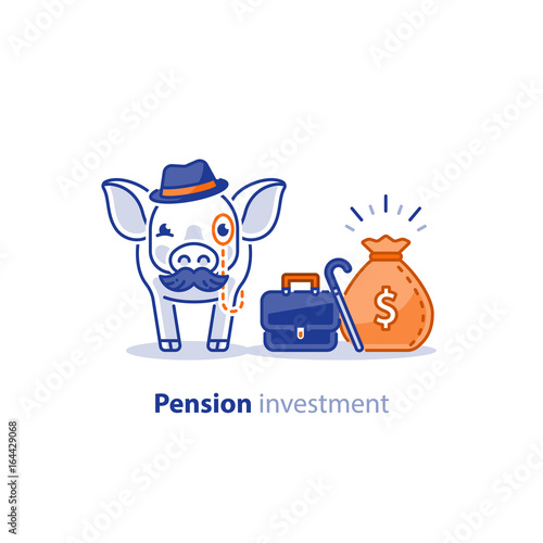 Smart pig in hat with mustache, superannuation fund, pension savings investment plan