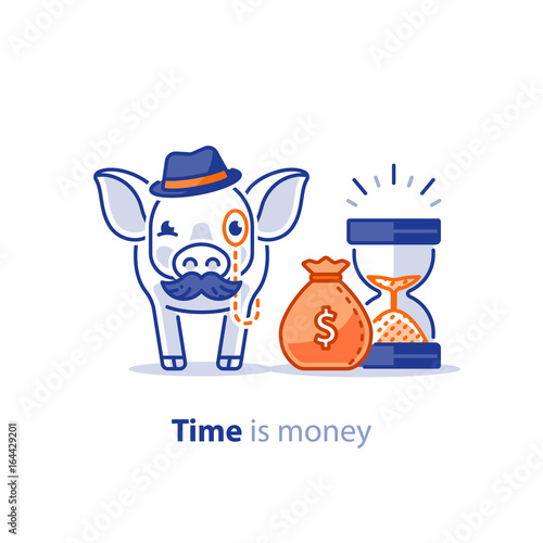 Smart pig in hat with mustache, superannuation fund, pension savings investment plan