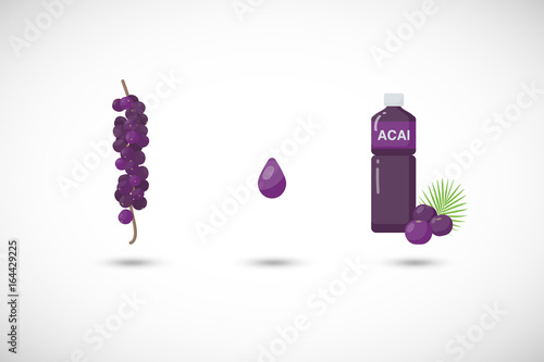 Acai berries juice vector flat icon set