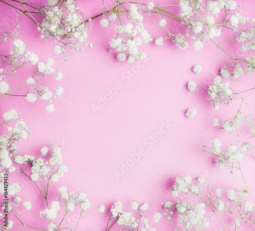 Lovely Little white Gypsophila flowers on pink background, pretty floral frame, top view, copy space, square