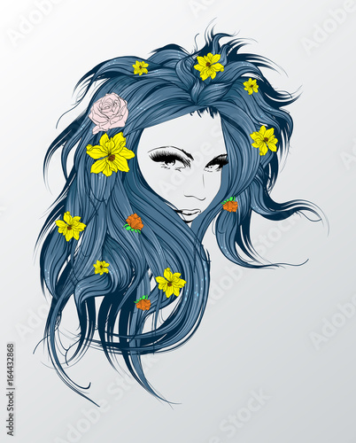 Sketch of Fashion style. Girl with flowers in her hair