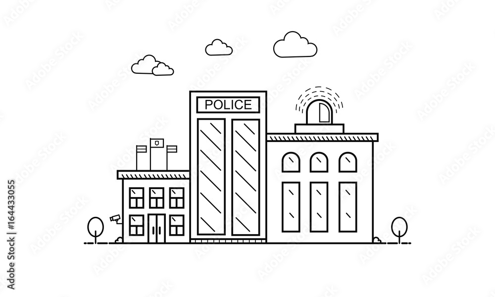 Concept of police department building in flat line design, front view. Vector illustration isolated on white.