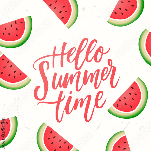 beautiful  background with tropical flowers. Hand drawn calligraphy "hello summer time ". beach  with sand, surfboard 