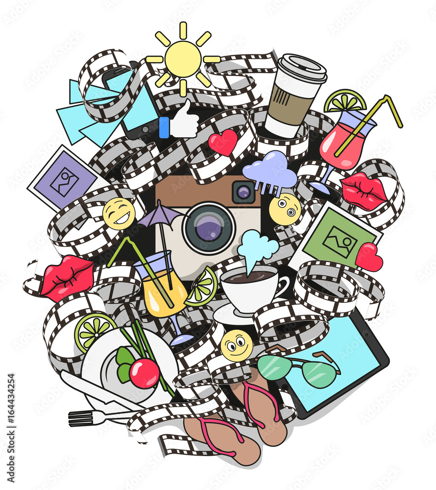 Popular social media, Illustration vector color, print, poster, background, sticker. Photo, like, heart, film, food, game, holiday.