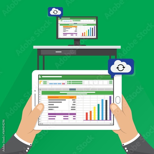 Spreadsheet Work Synchronize Between Tablet and Personal Computer via Cloud Computing Data. Flat Style Illustration.