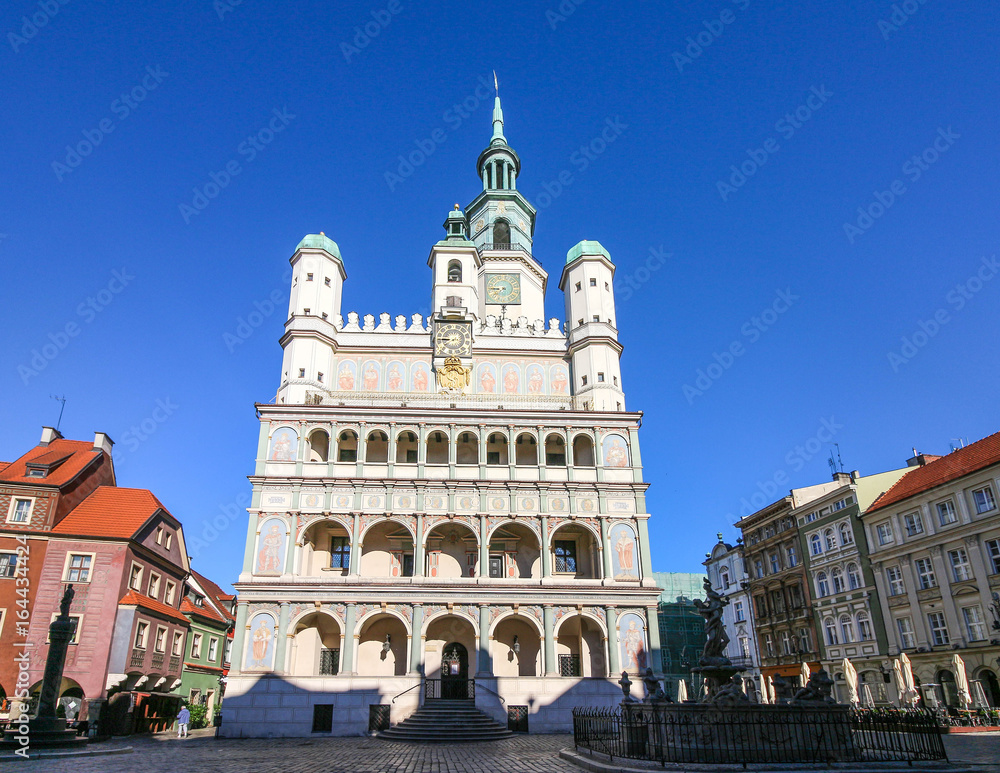 Picturesque Old Market merchant houses and the Town Hall in Poznan, Poland